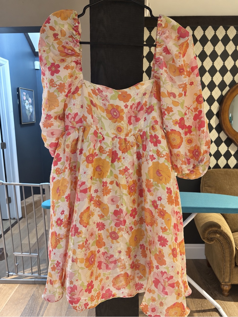 Anna Grace Pink, Yellow and Orange Floral Puff-Sleeve Mini Dress